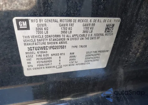 2015 GMC Sierra 1500 Denali z USA, uszkodzony, nr VIN 3GTU2WEC1FG207681